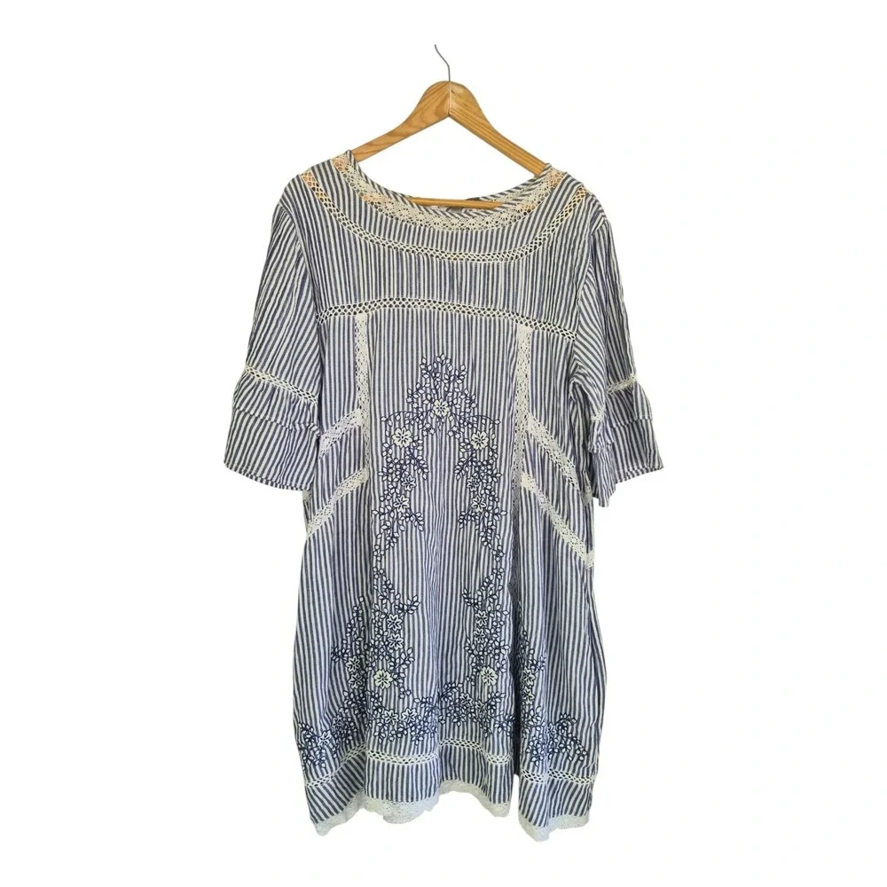 Free People Sunny Day Dress L Blue White Stripe Embroidered Cotton Boho Mini